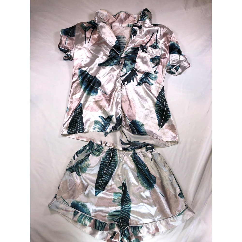 Tropical Palm Leaf Satin Pajama Set Pink Green Short Sleeve Button Down Medium